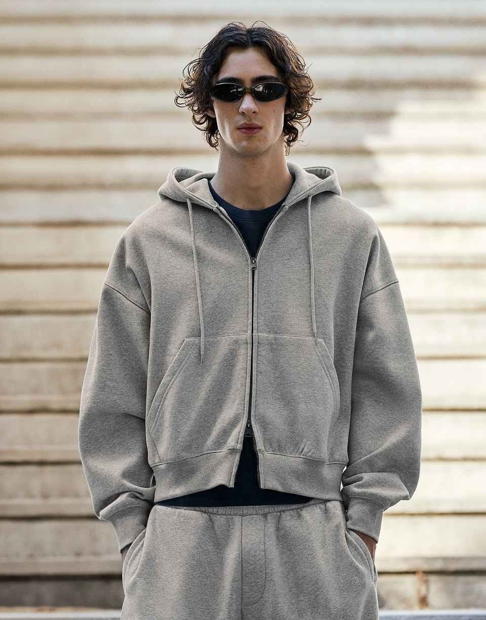 Sweat à capuche coupe carrée à fermeture éclair - Gris clair
