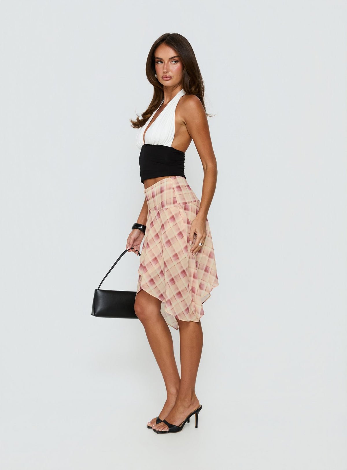Check chiffon waterfall midi skirt