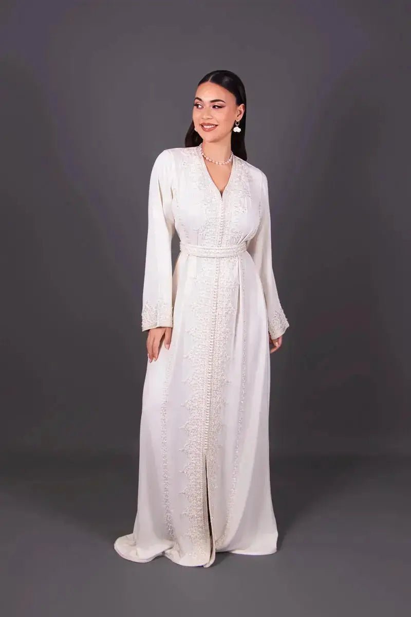 Off-white kaftan with tonal beading