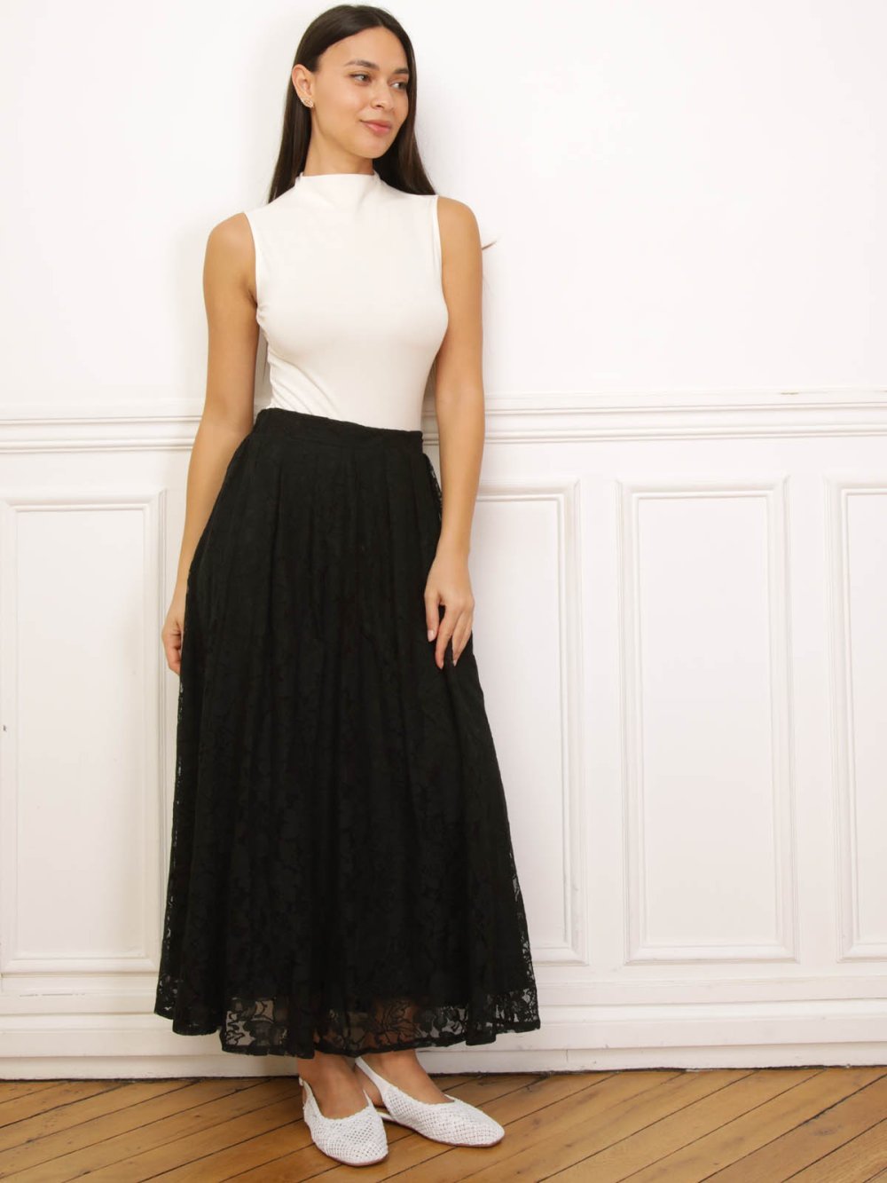 Black pleated lace maxi skirt