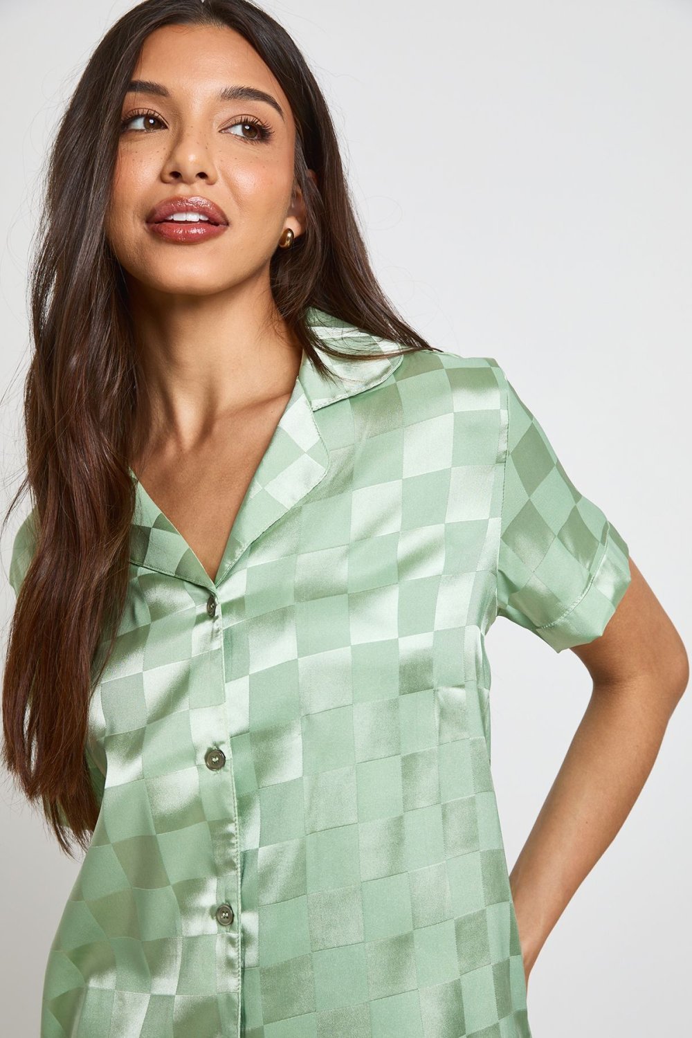 Pyjama chemise w short f satin jacquard b damier