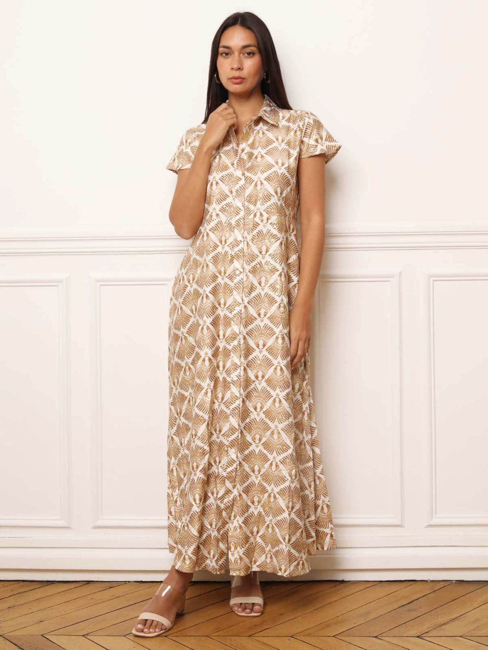 Yellow long ethnic print shirt dress