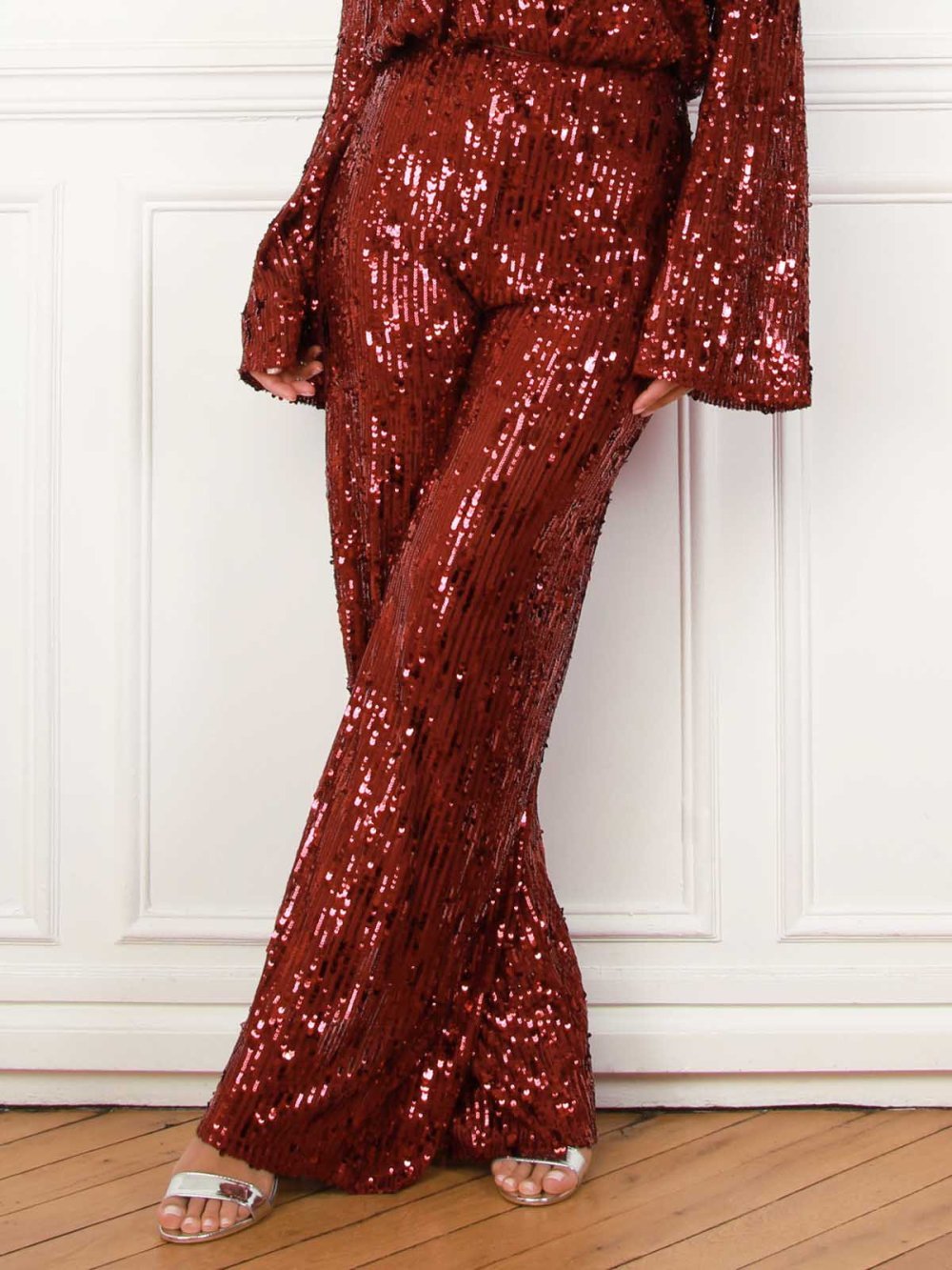 Pantalon large à sequins bordeaux