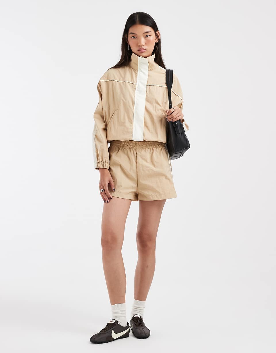 Co-ord funnel-neck windbreaker jacket - Beige