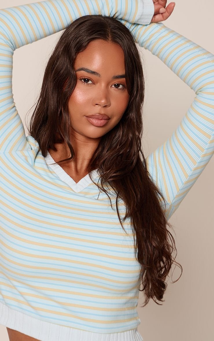 Striped V-neck fleece top