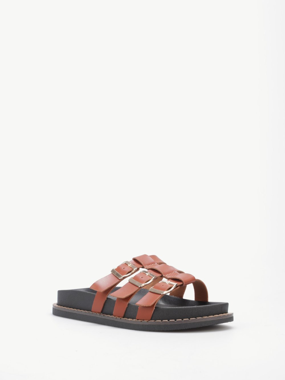 Camel triple-strap mules with gold studs