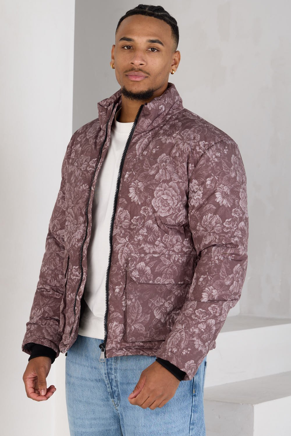 Brown floral hooded puffer jacket