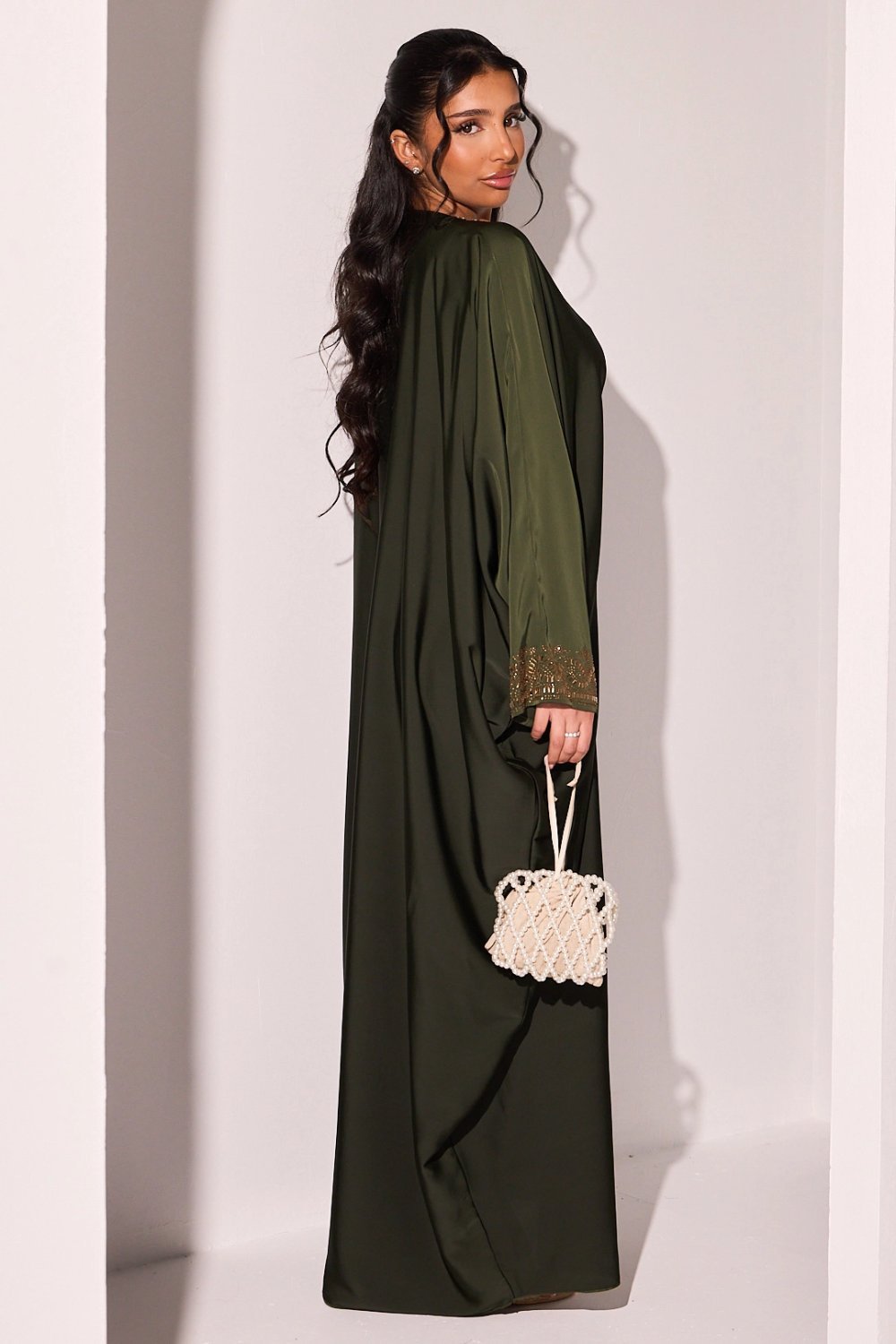 Khaki abaya with rectangle rhinestone stripes