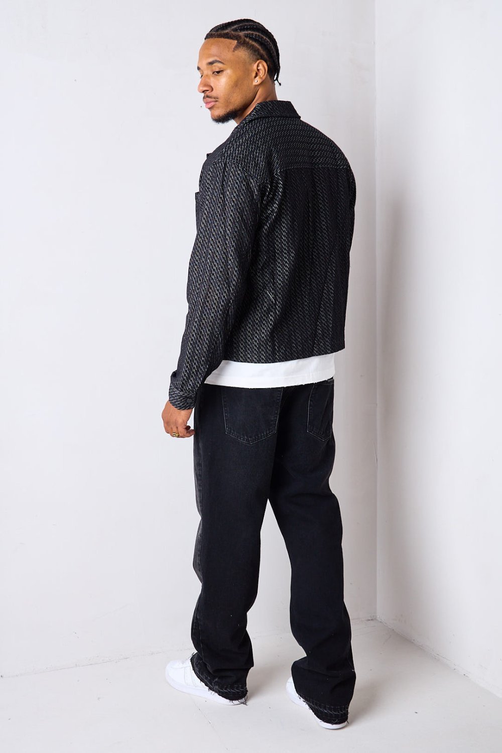 Veste en jean ample à motif traits noire