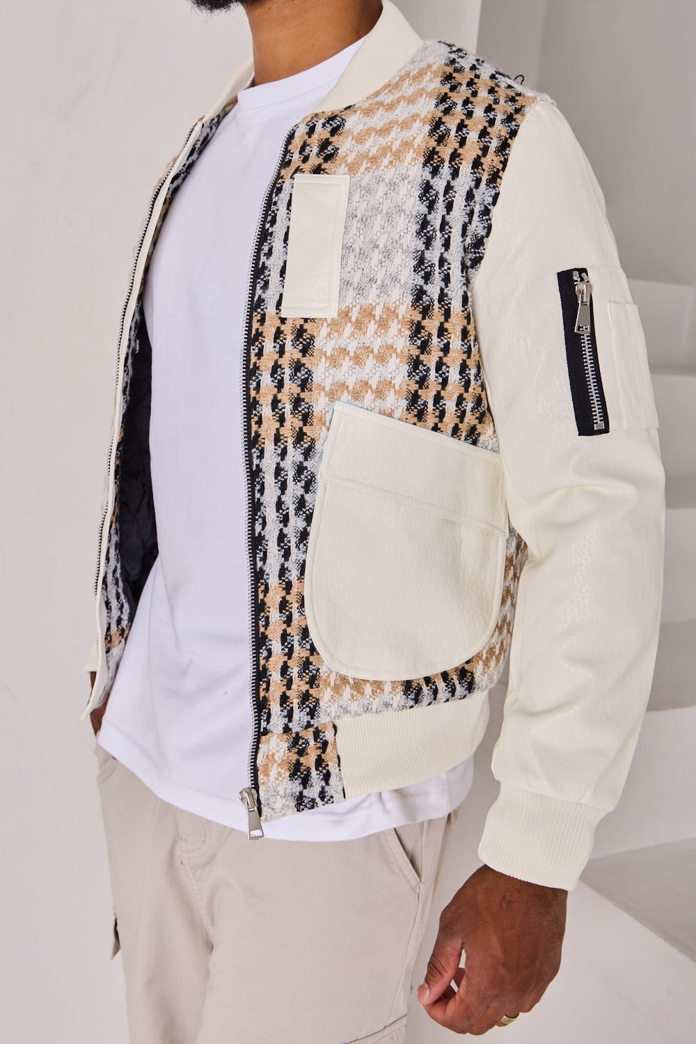 Beige woven-pattern jacket with faux leather