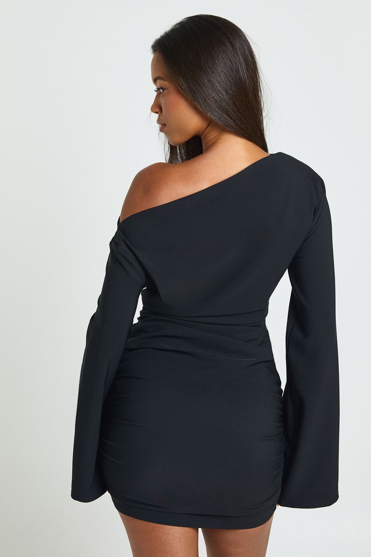 Flared Sleeve Off The Shoulder Ruched Mini Dress