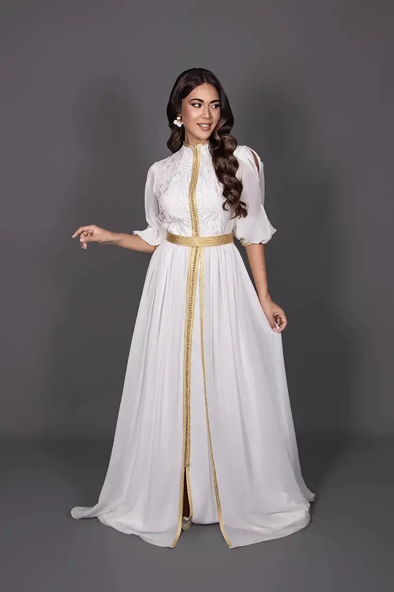 White lace caftan with high collar and gold sfifa