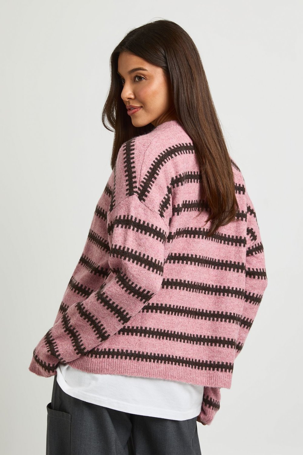 Pink cardigan with chocolate stripes