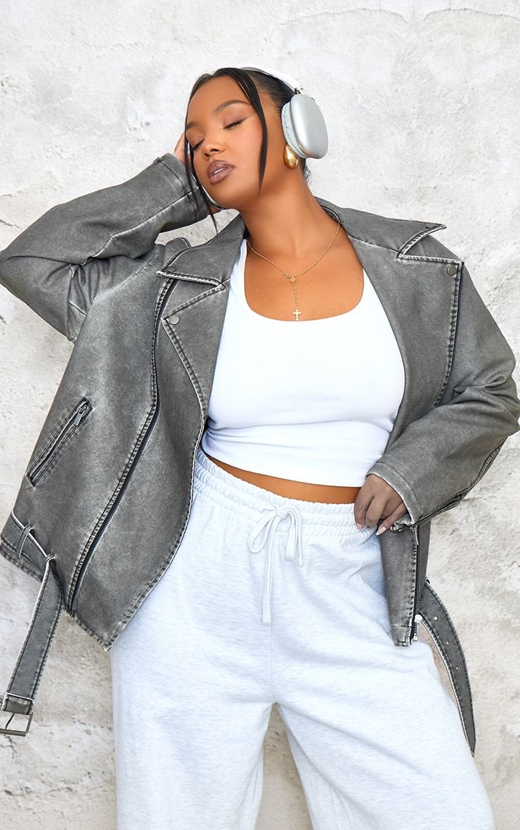 Plus Distressed PU Leather Longline Biker Jacket