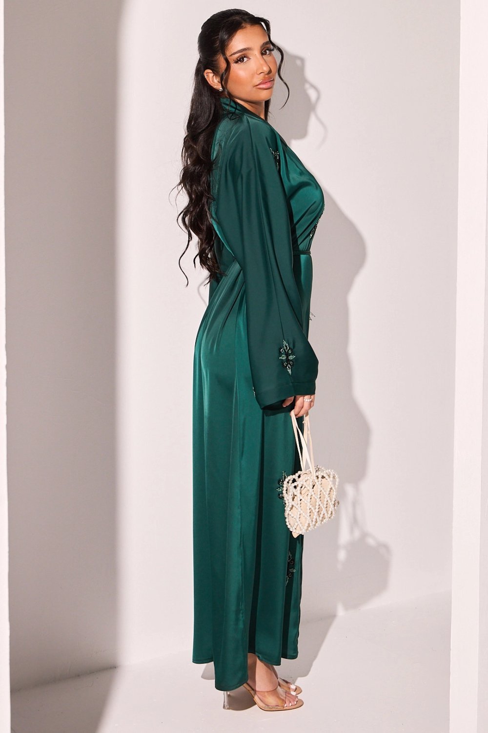 Dark green abaya with floral rhinestones