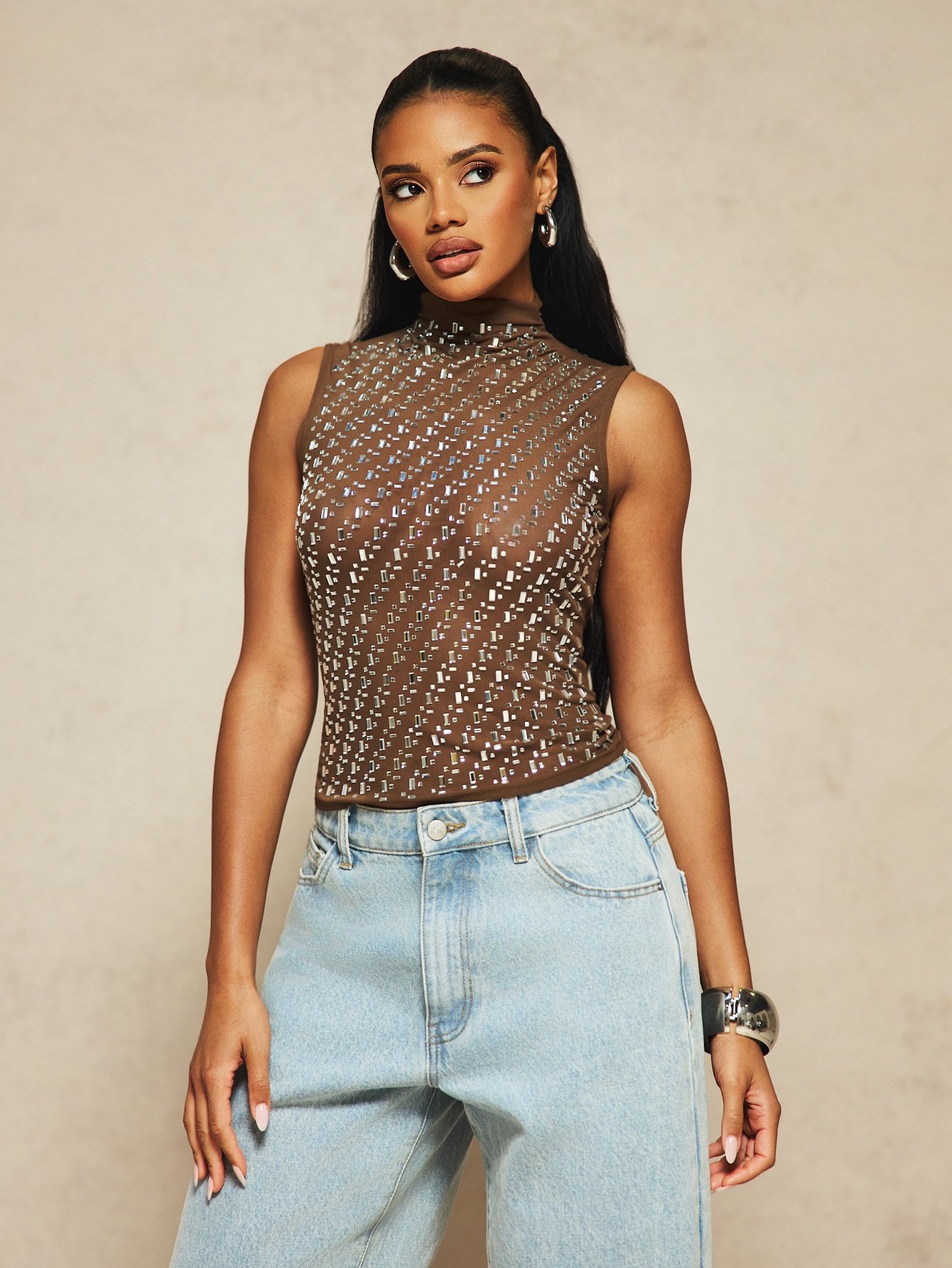 Débardeur résille col 3ali b strass
