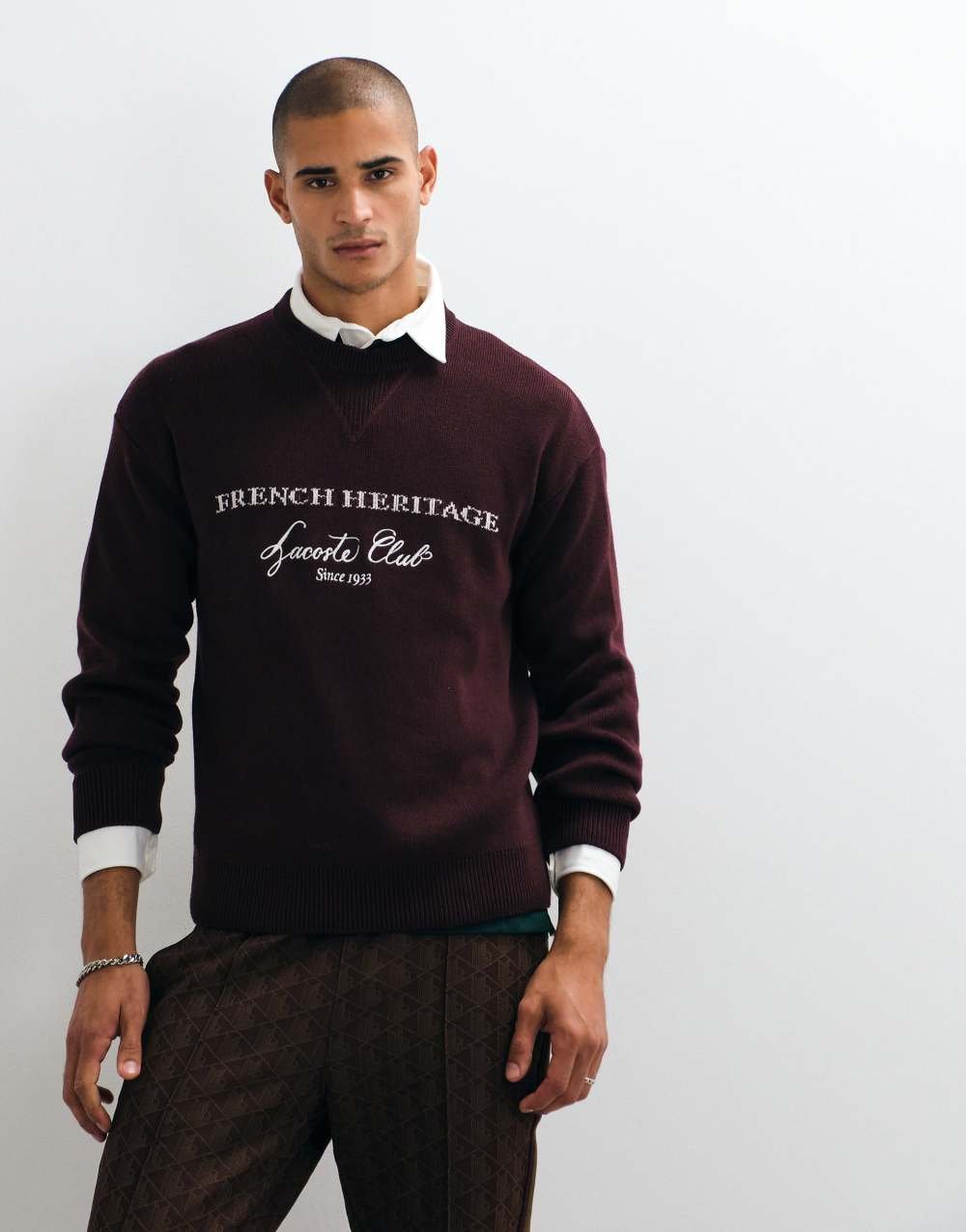 Wool blend jacquard jumper in burgundy
