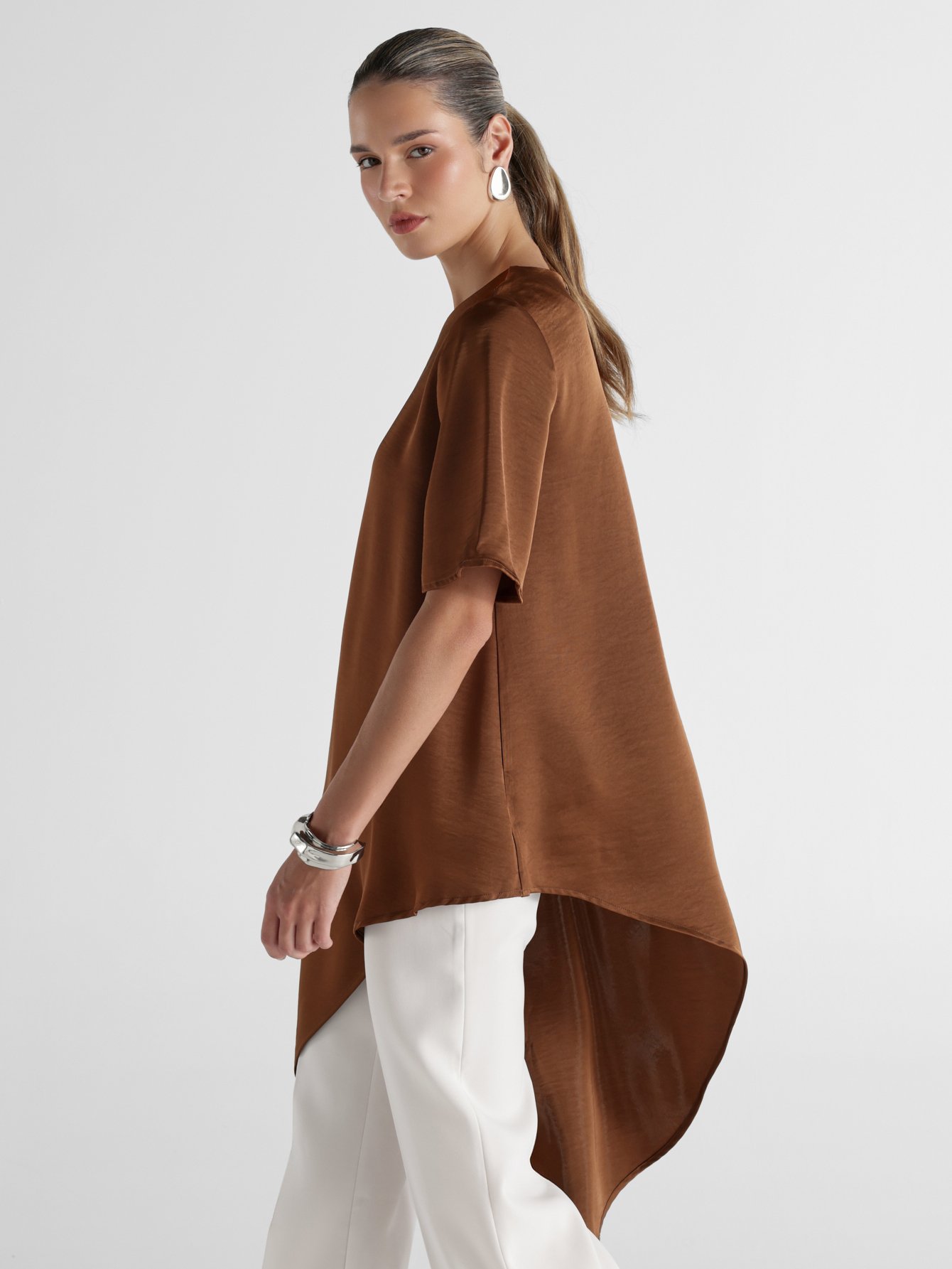 Oversized satin tunic blouse with asymmetric hem