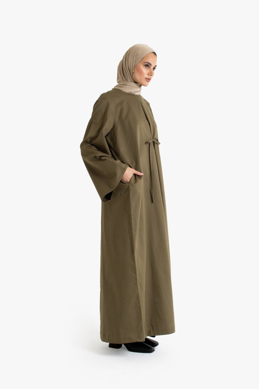 Tie-front cotton twill abaya - Khaki