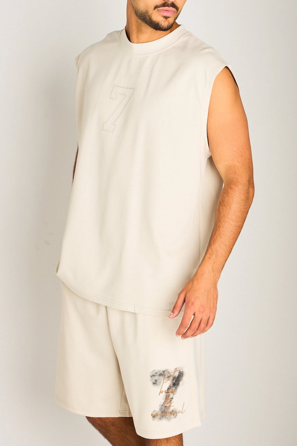 Ensemble débardeur et short brodé beige