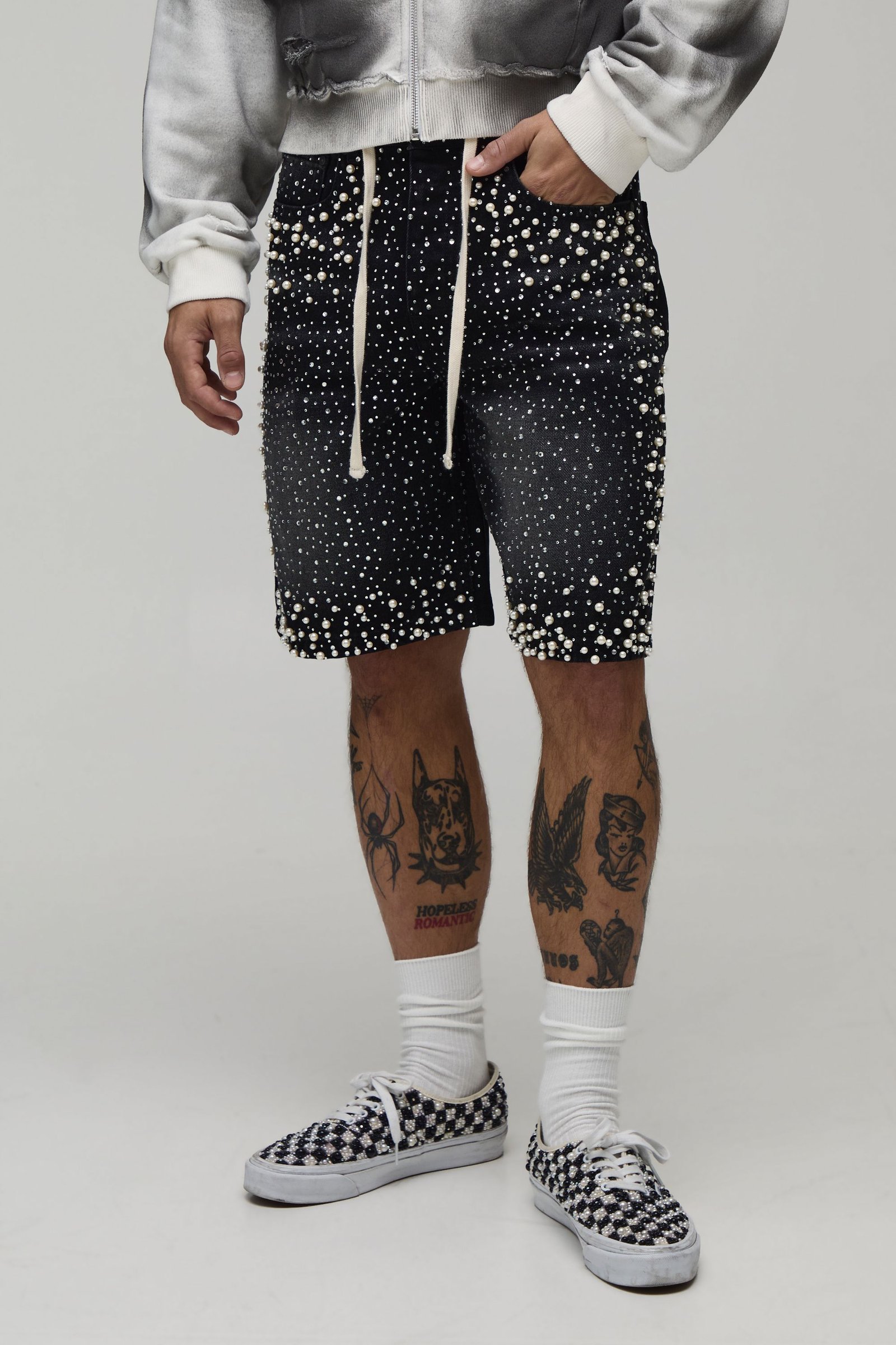 Short En Denim Décontracté À Strass Avec Cordon De Serrage Prolongé