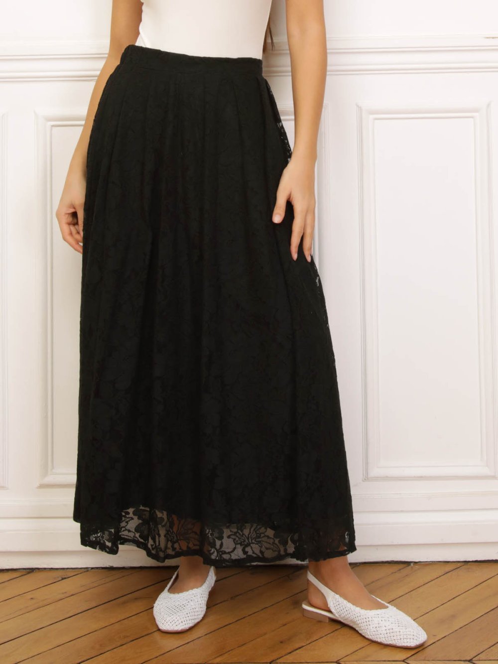 Black pleated lace maxi skirt