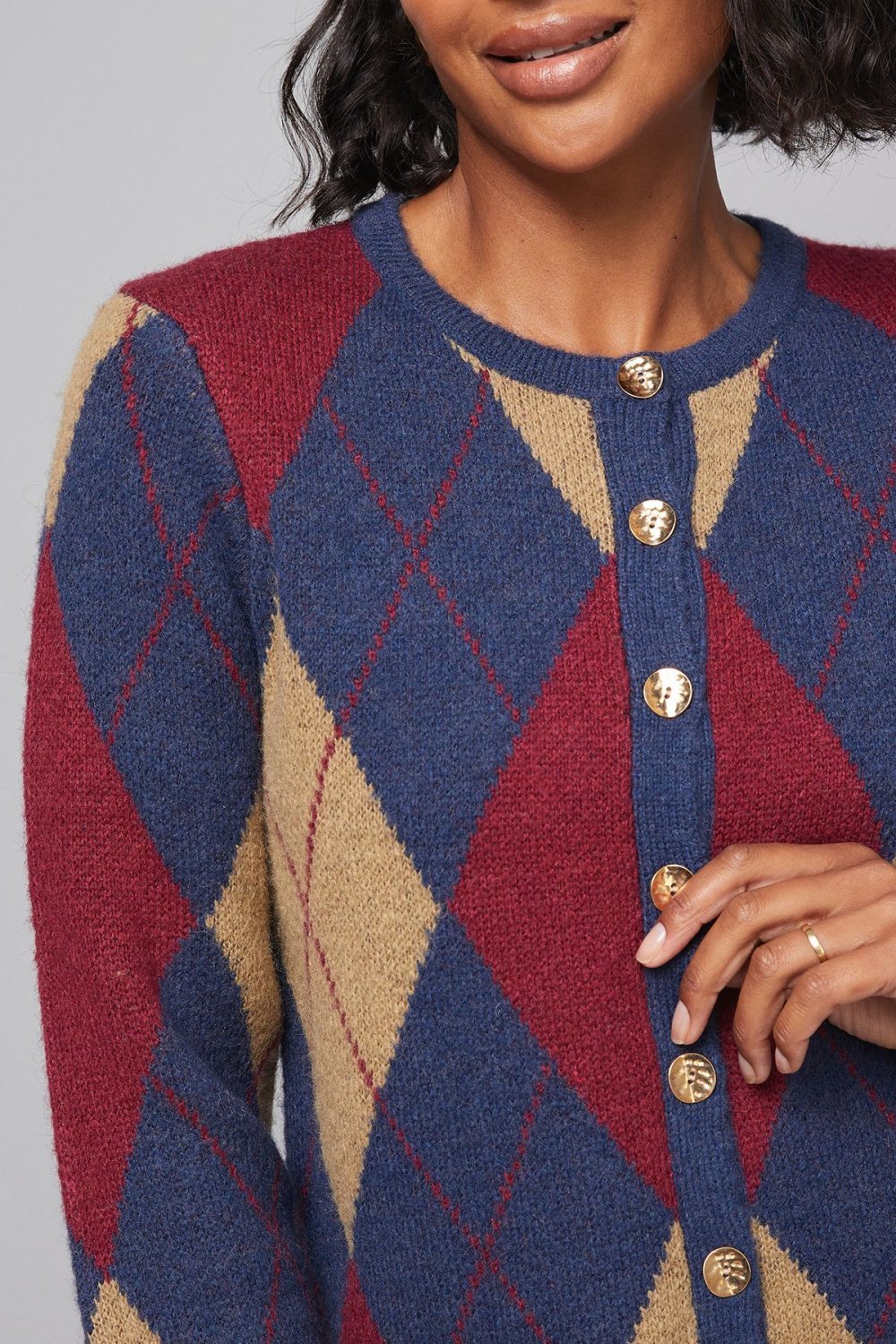 Argyle cardigan with gold buttons