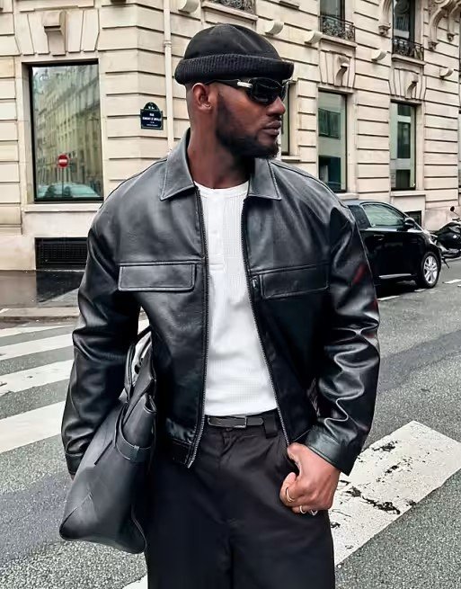 Veste coupe carrée en imitation cuir - Noir