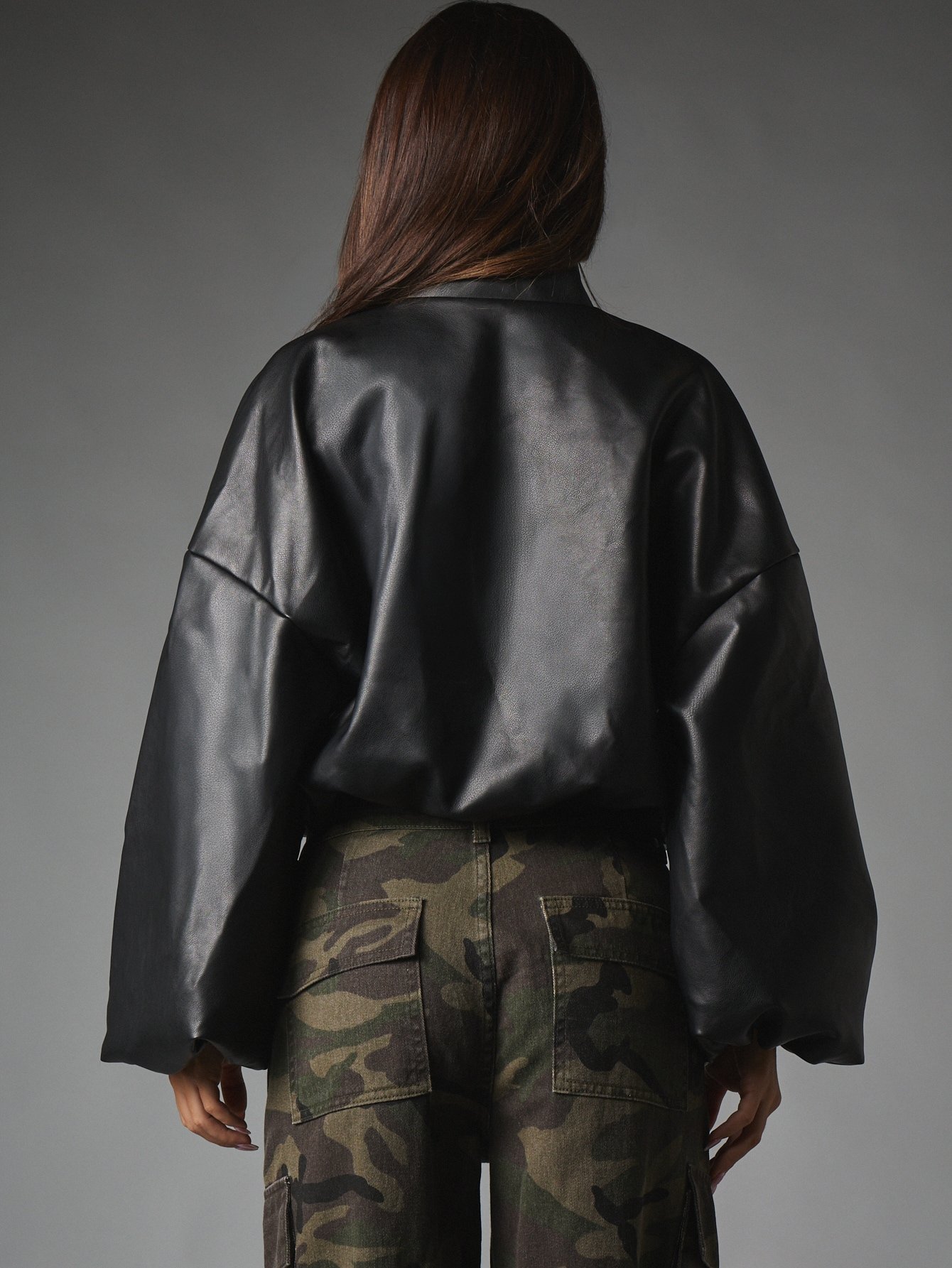 Short PU bomber jacket with balloon sleeves