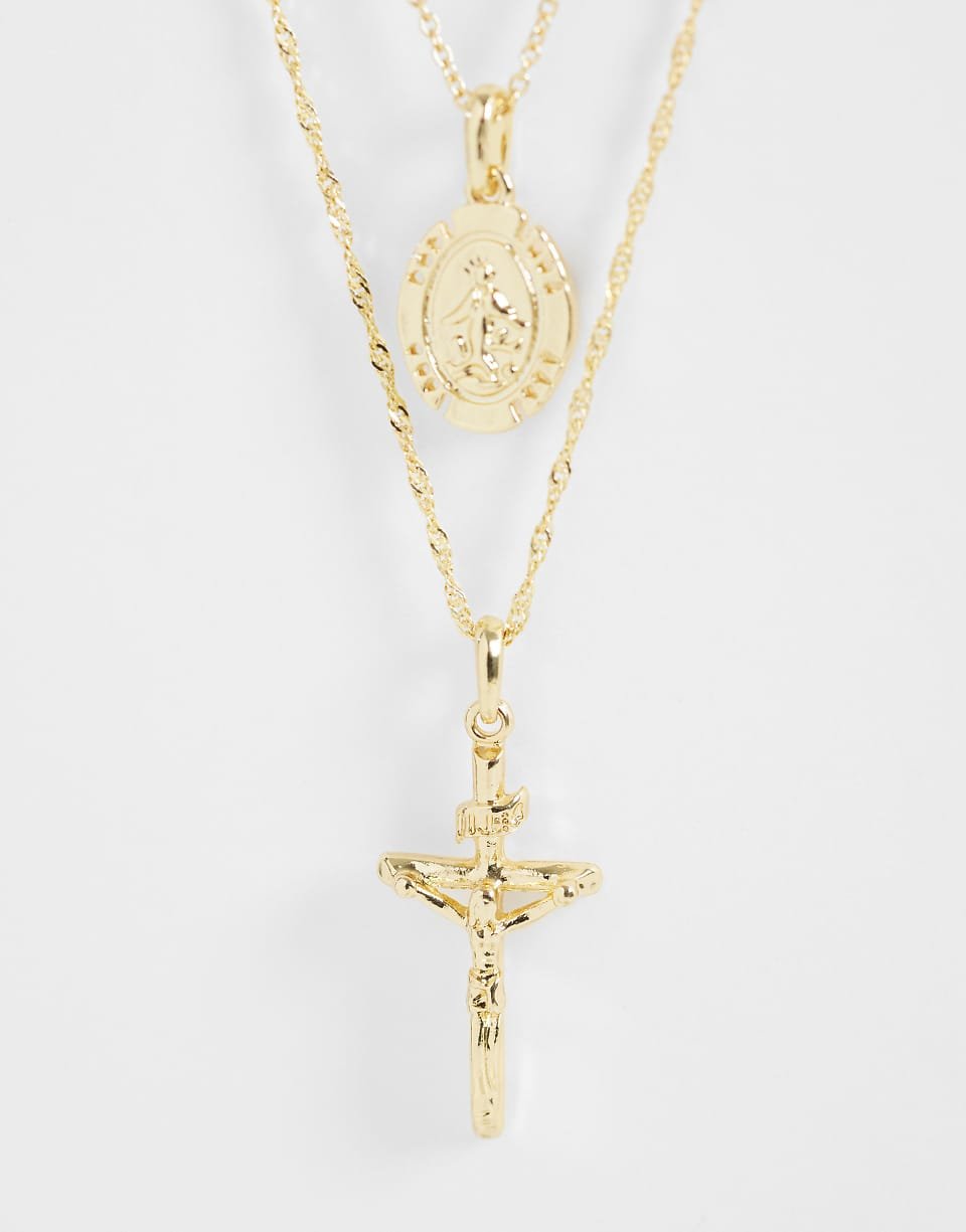Collier à deux pendentifs croix et Saint-Christophe - Doré