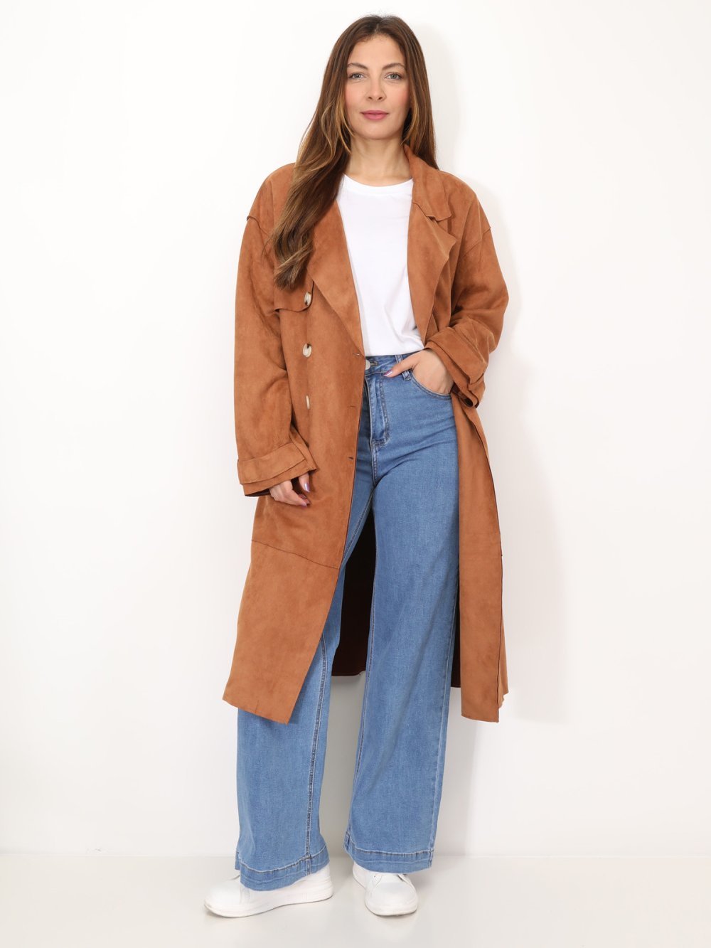 Trench mi-long f suédine camel