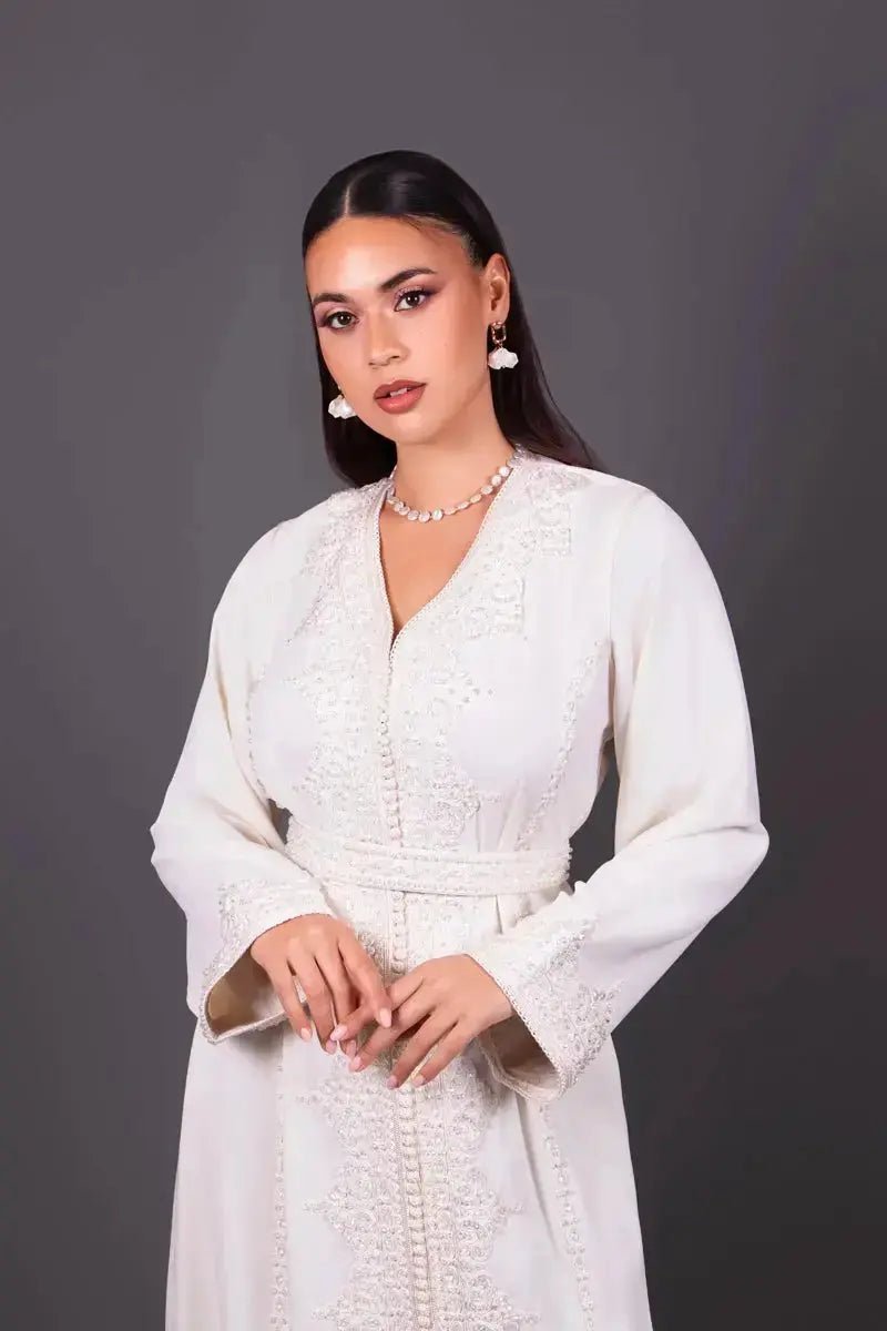 Off-white kaftan with tonal beading