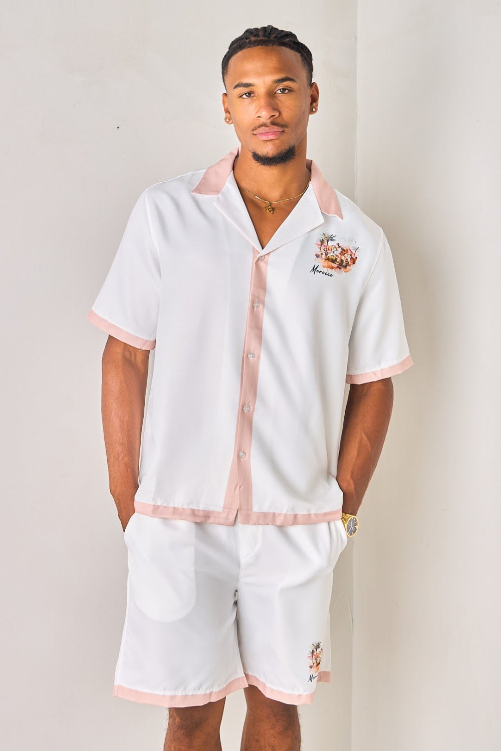 Beige Morocco print shirt and shorts set