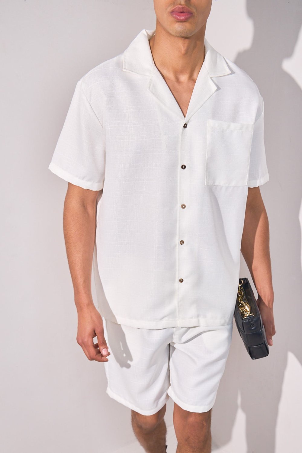 White linen-look shirt and shorts set