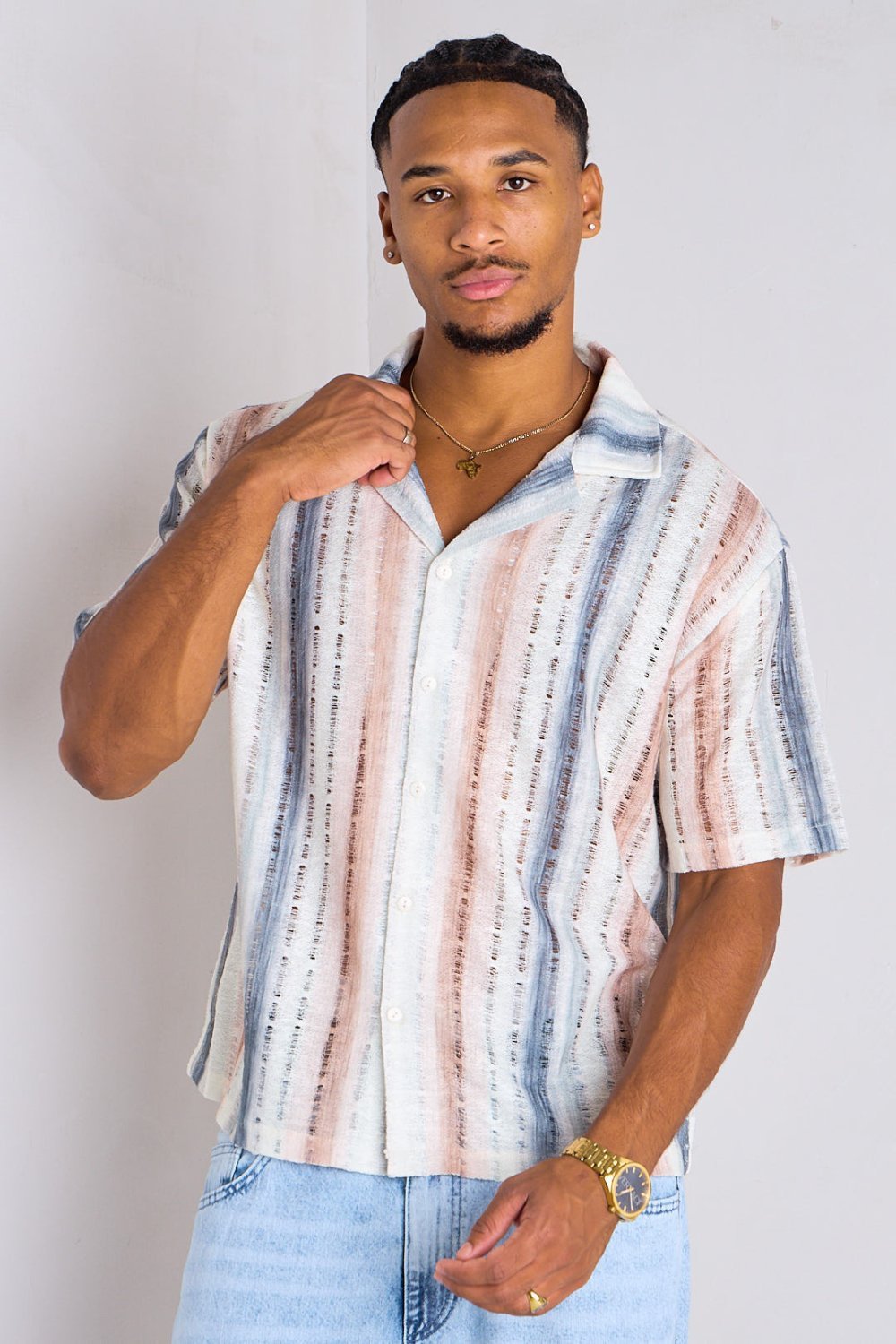 Grey and beige ombré open-weave shirt