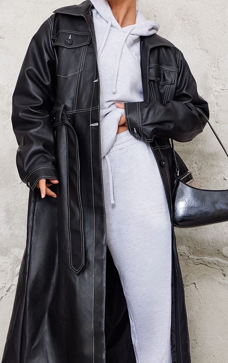 Olive PU Trench Coat With Contrast Stitching And Split Hem