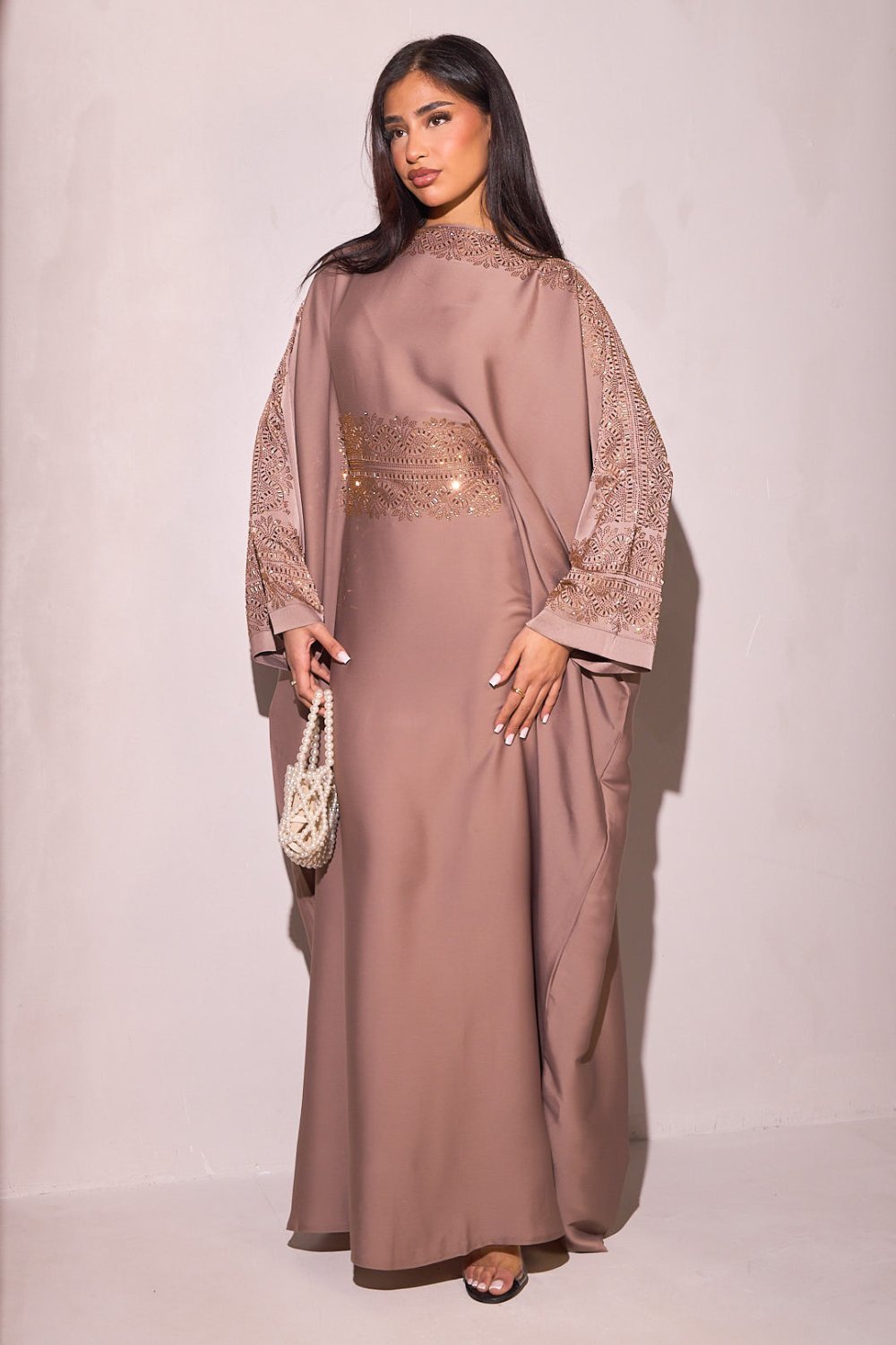 Abaya f satin fluide b 9et3a dorée taupe