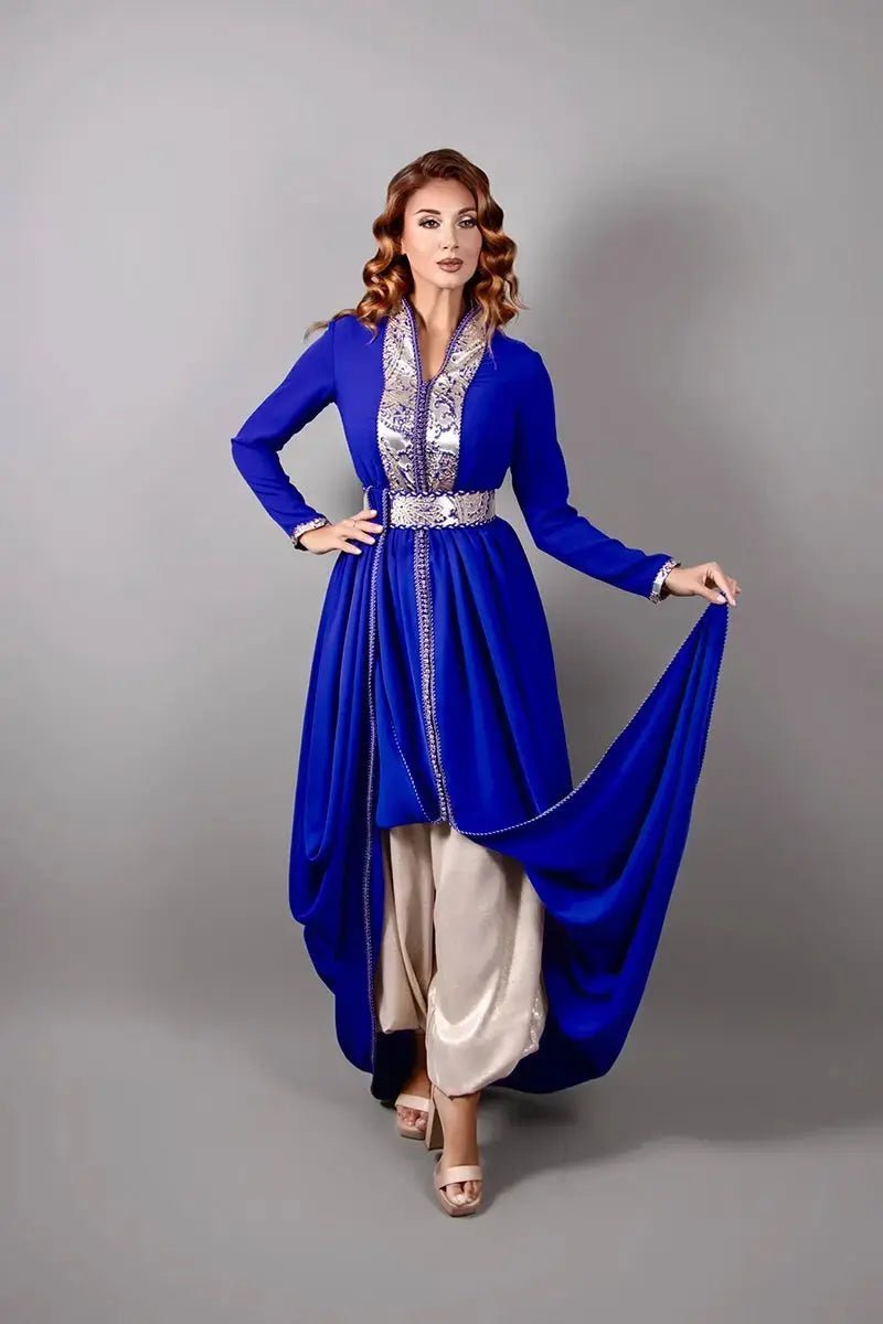 Caftan bleu roi et pantalon en lamé or