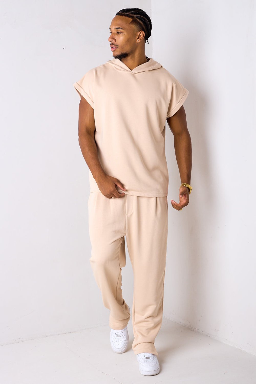 Beige hooded vest top and trousers set