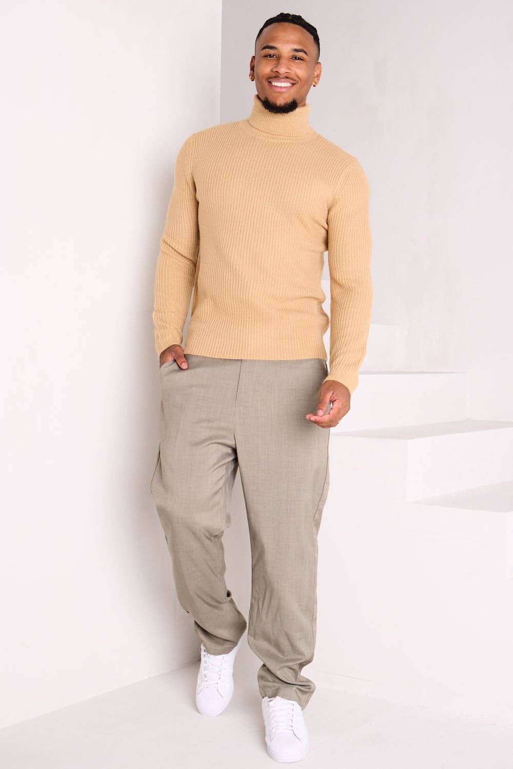 Pull maille b col roulé camel