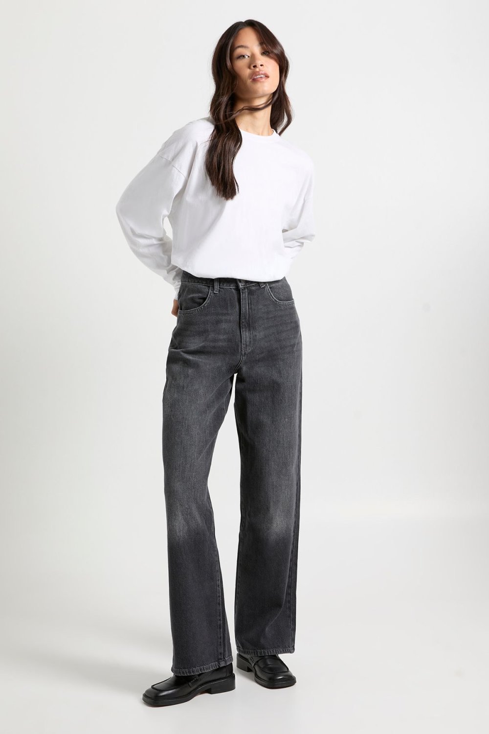 Jean droit taille haute noir délavé - Tall