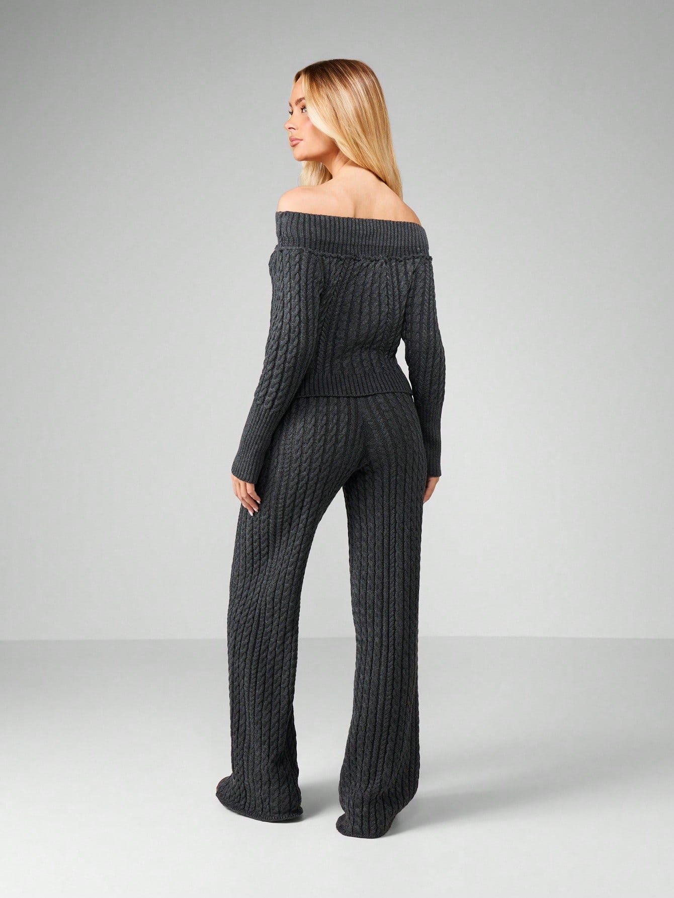 Cable knit off-shoulder co-ord with wide-leg trousers