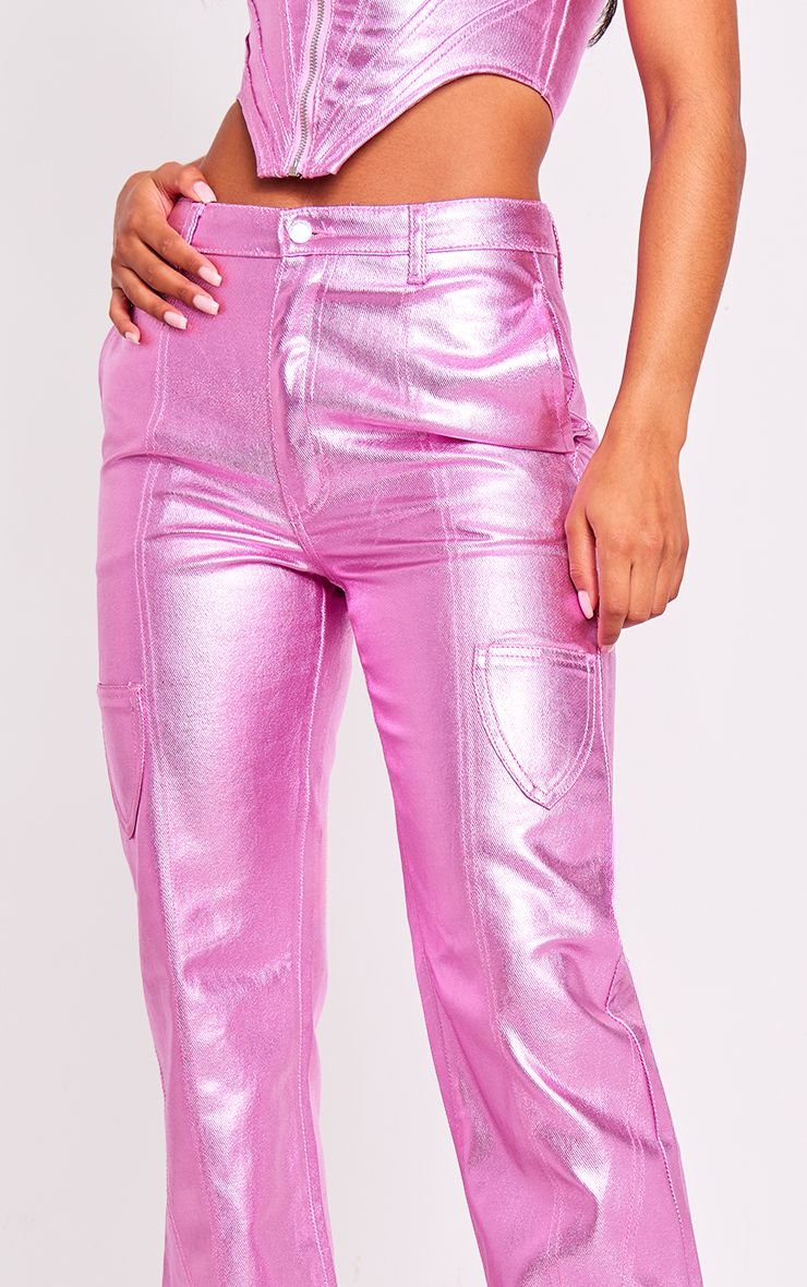 Metallic straight leg jeans with seam detail