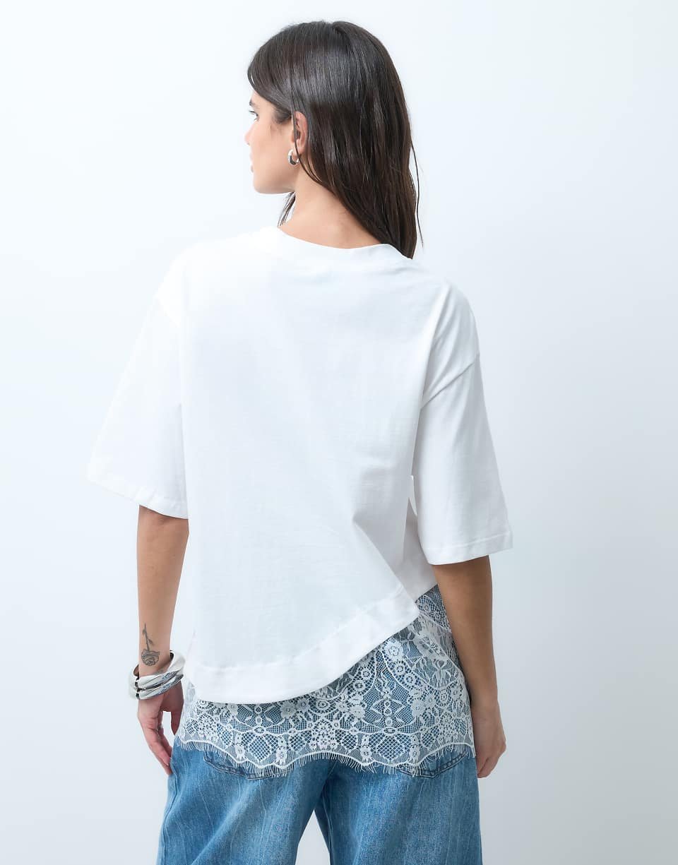 T-shirt with lace-trimmed hem - White