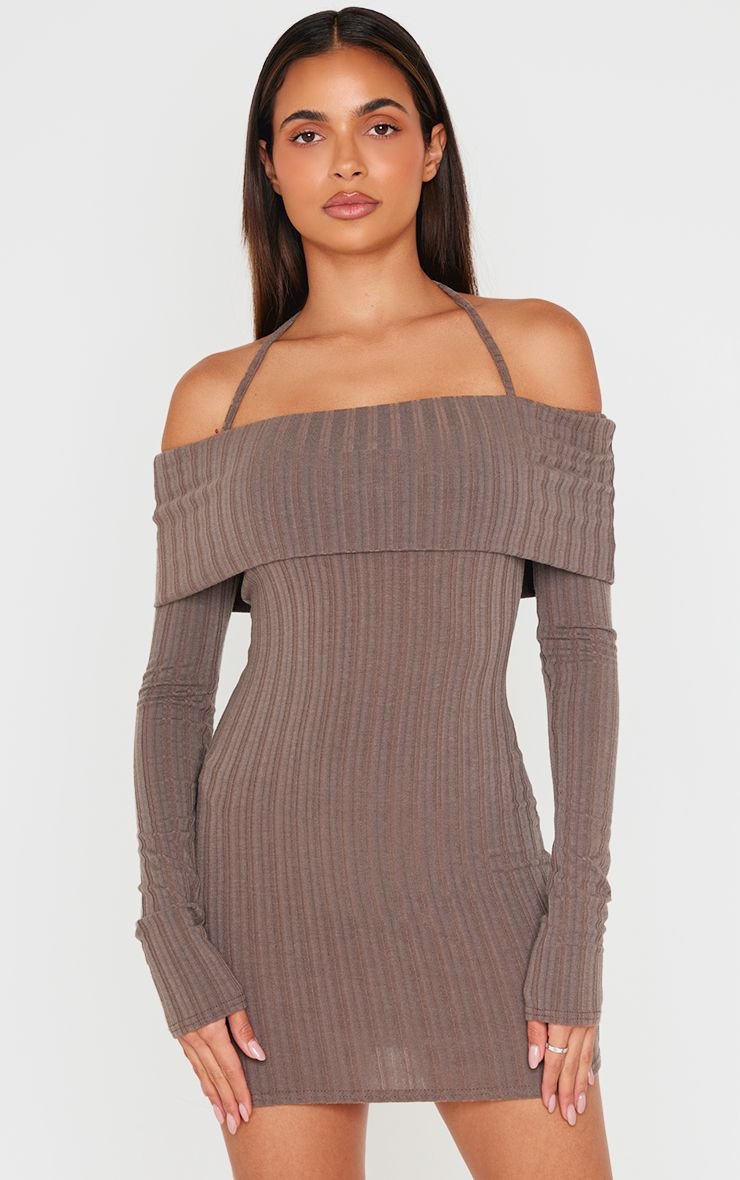 Rib fold over Bardot bodycon dress