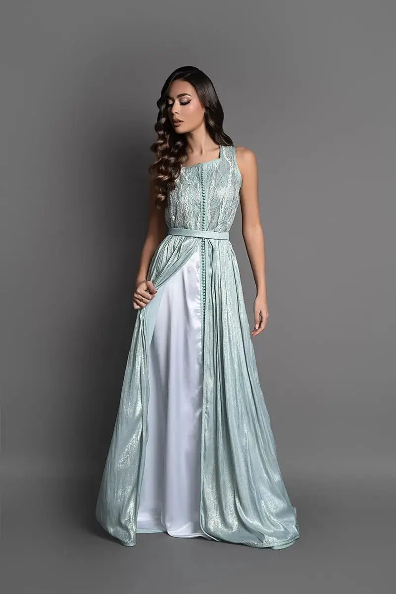Caftan sans manches dentelle et lamé vert d'eau