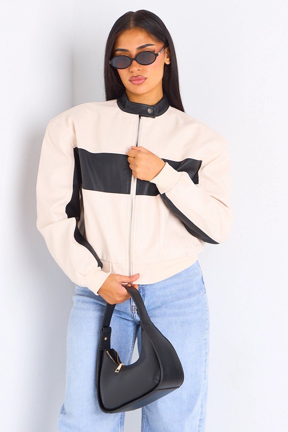 Veste bicolore en simili cuir beige