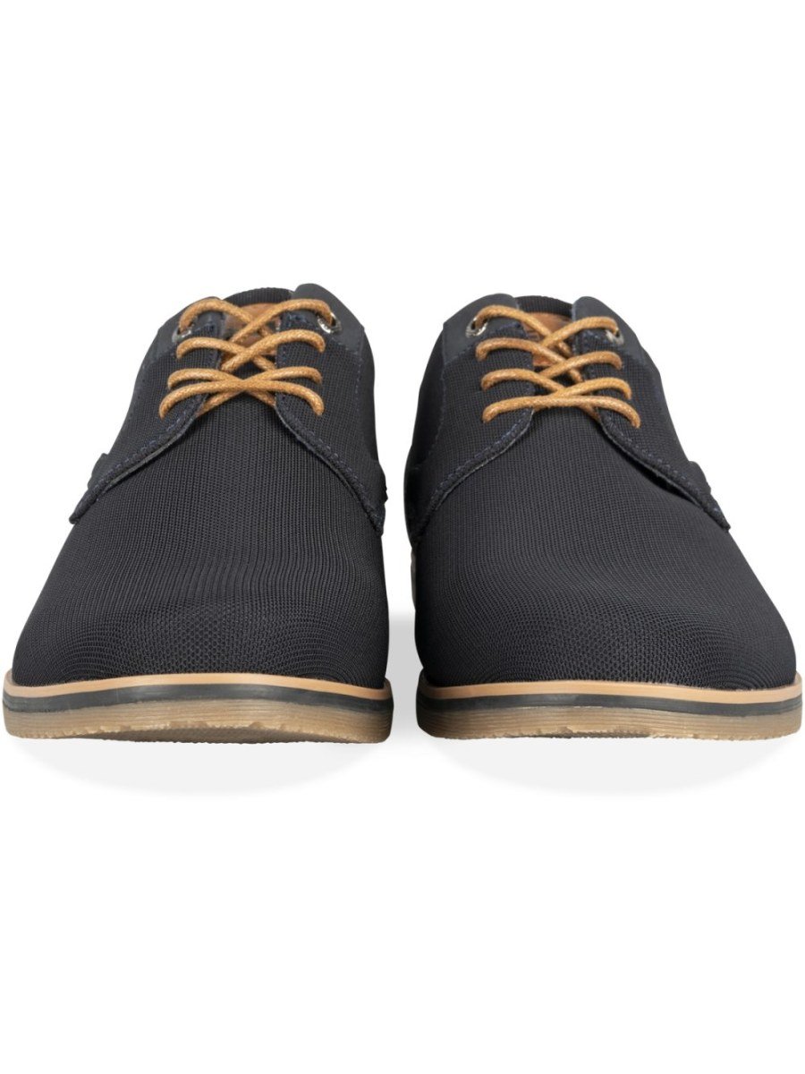 Navy casual derbies, tan laces