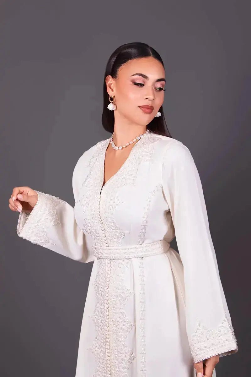 Off-white kaftan with tonal beading