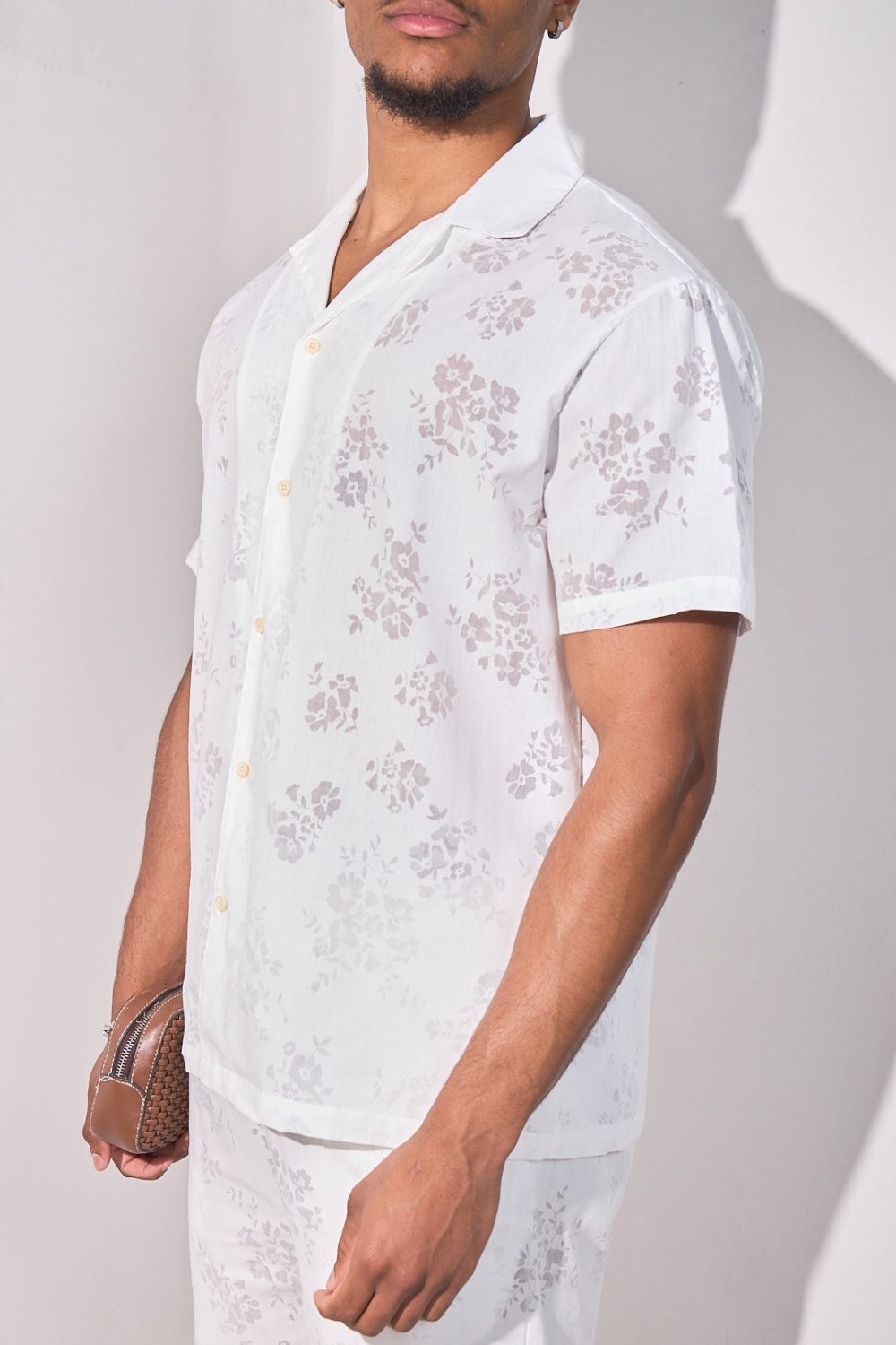 White sheer-flower shirt and shorts set